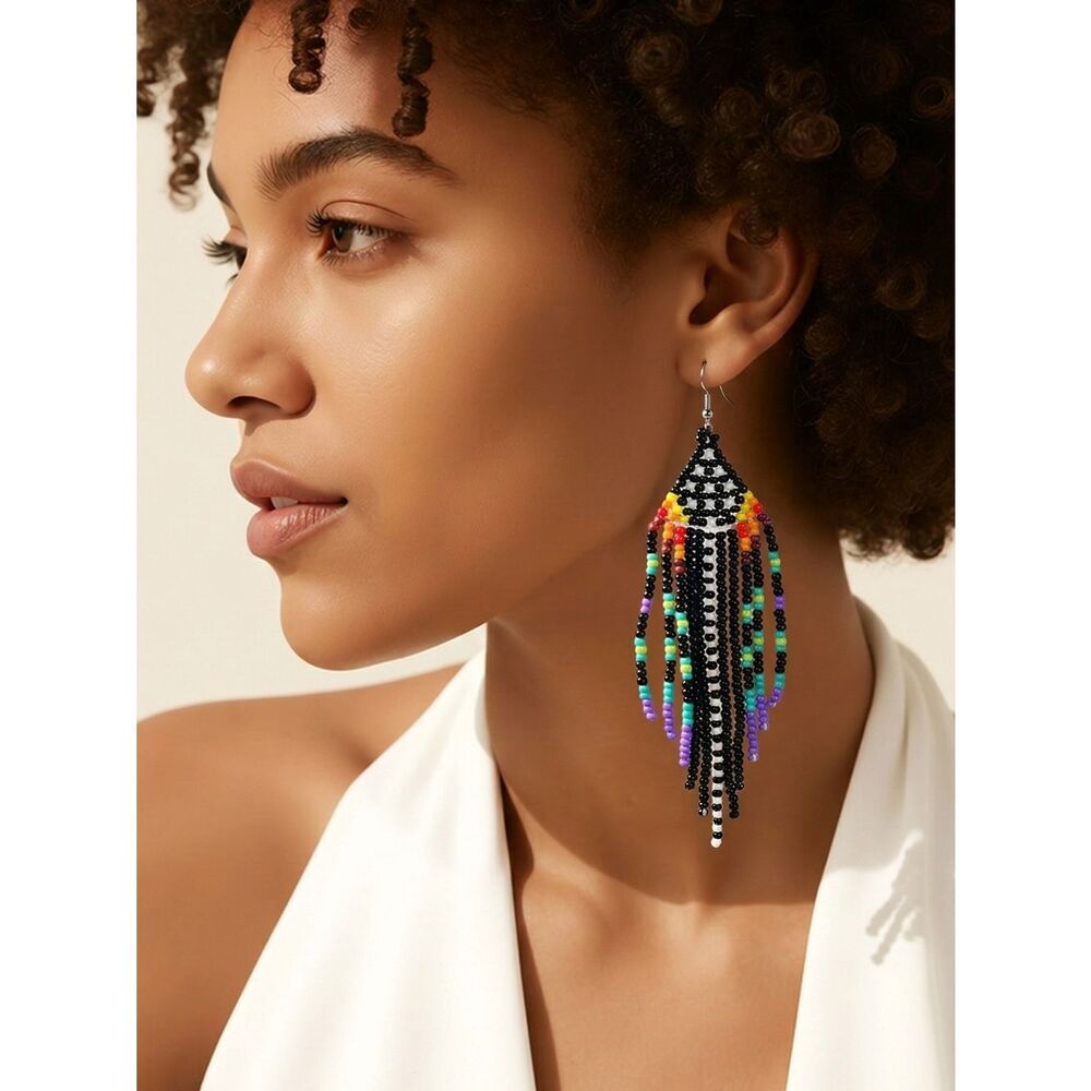 Black Tribal Beaded Fringe Earrings Chandelier Southwest Boho Dangle Festival